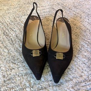 Brown suede Chanel sling back heels